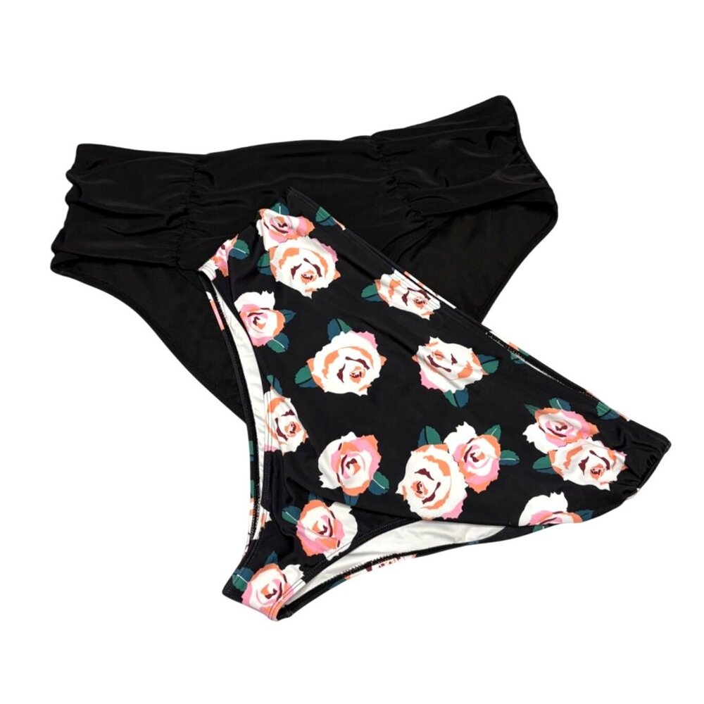 Womens High Waisted Bikini Swim Bottoms Set Black Floral Pattern Size 3XL New